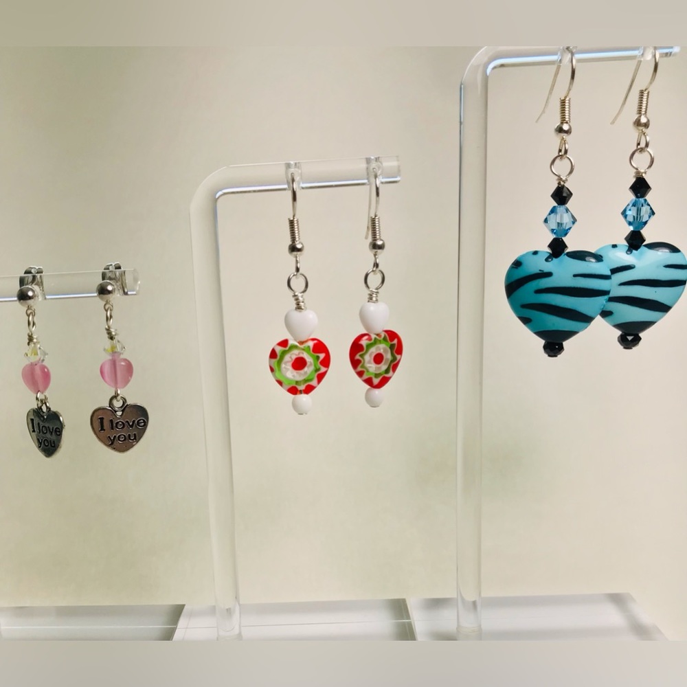Beautiful hand crafted heart earrings set of three.